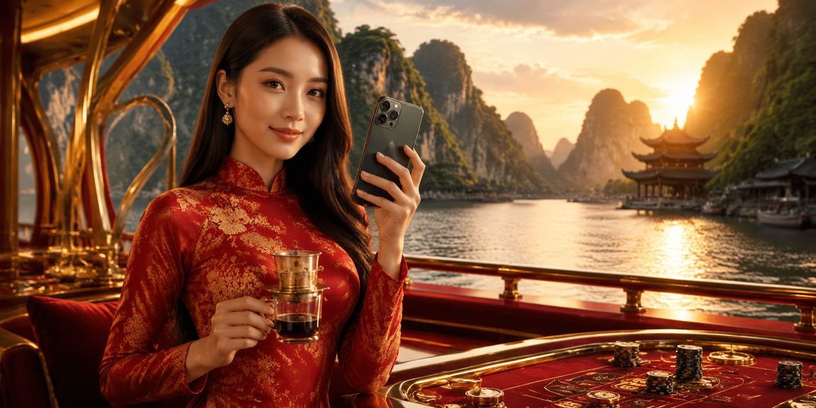 Người dùng tại Ninh Bình mặc áo dài tham gia bàn Baccarat trực tuyến trong không gian văn hóa đặc trưng